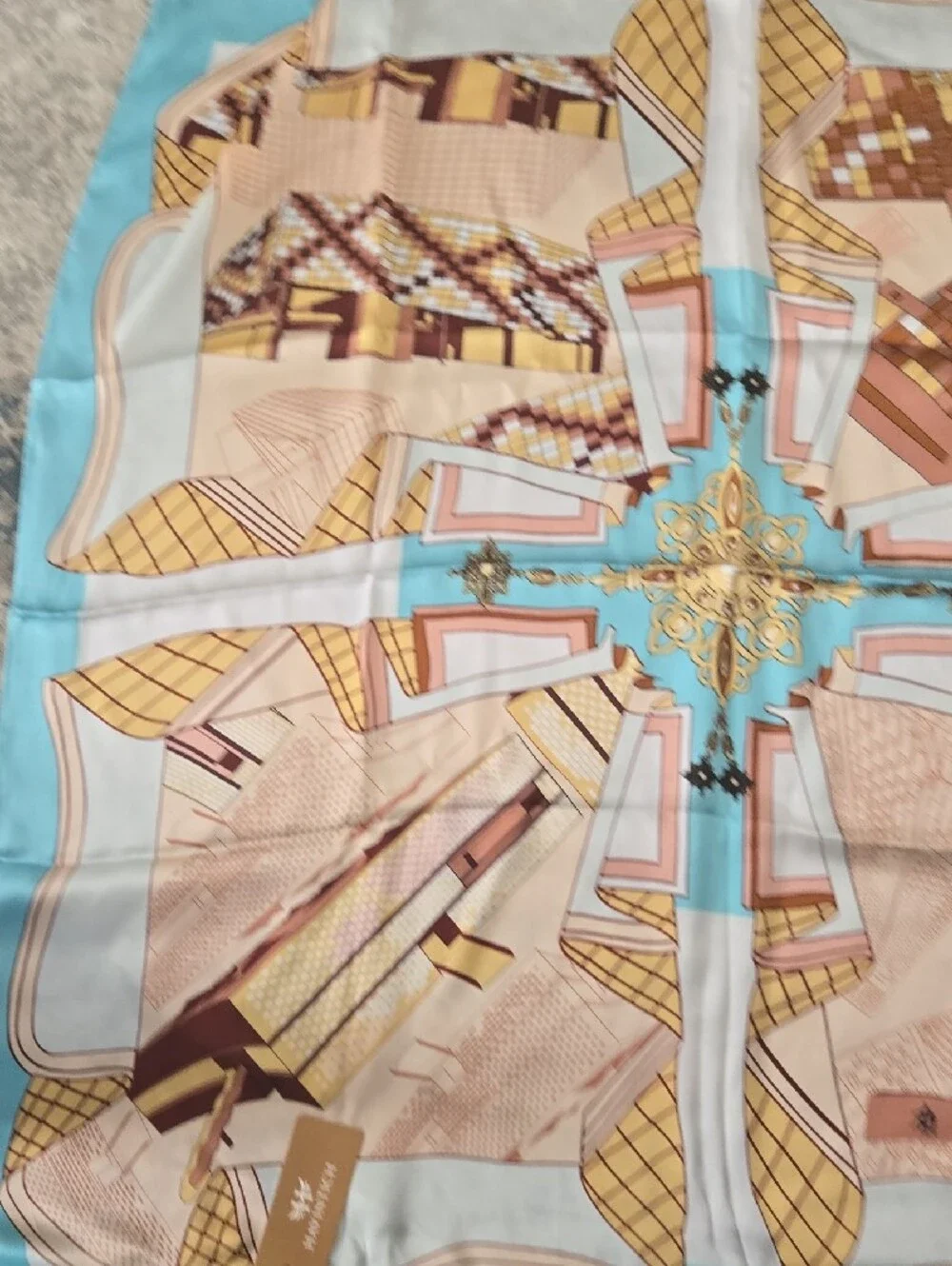 100%silkPrinted Fashion Scarf in Turquoise, Beige & Gold